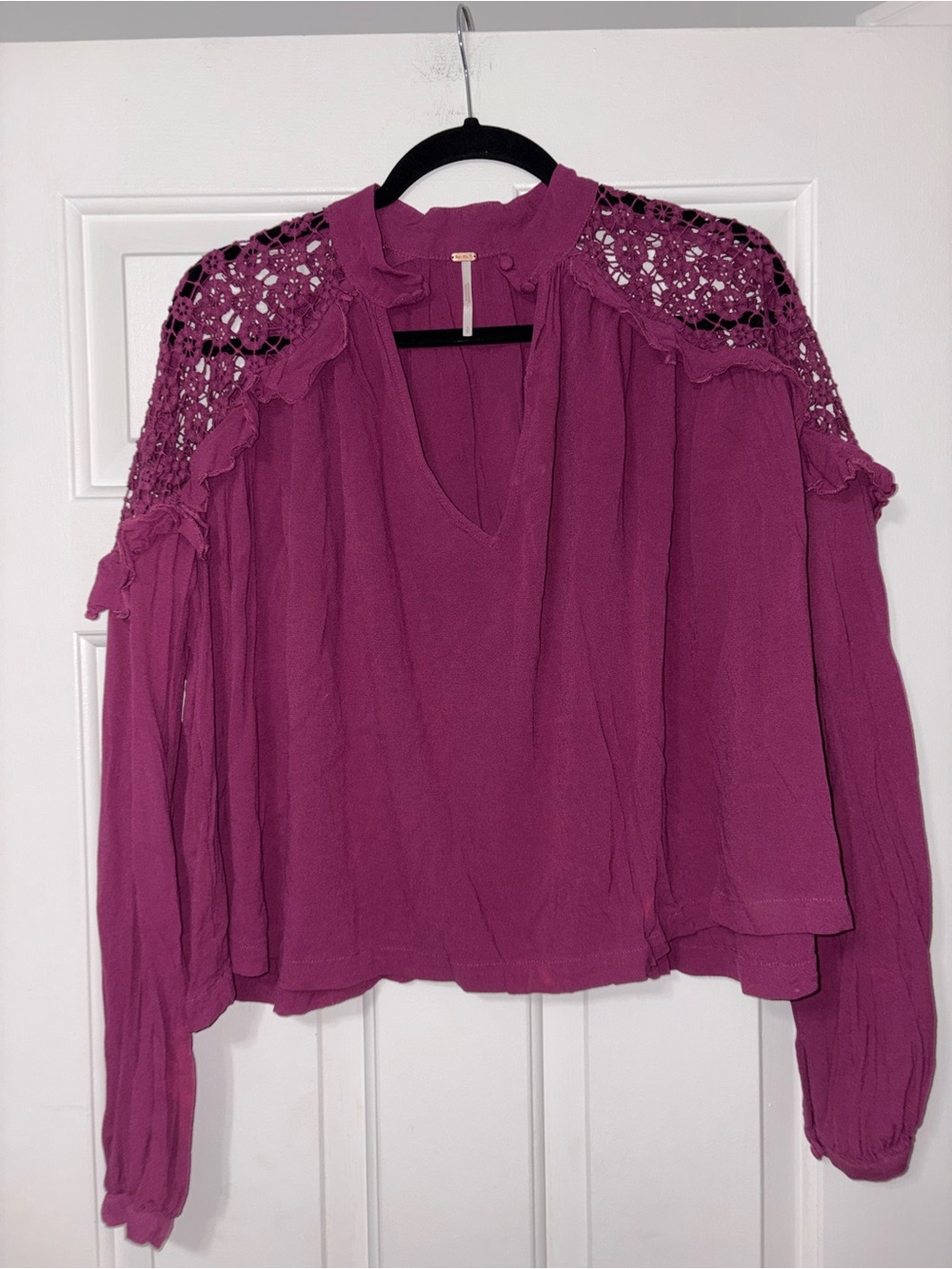 Free People Crochet Yoke V-Neck Blouse in Magenta